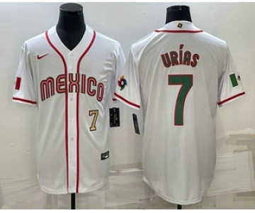 Men's Mexico Baseball #7 Julio Urias Number 2023 White Blue World Baseball Classic Stitched Jerseys