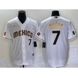 Men's Mexico Baseball #7 Julio Urias Number 2023 White Gold World Baseball Classic Stitched Jersey