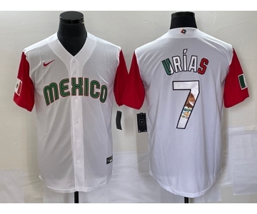 Men's Mexico Baseball #7 Julio Urias Number 2023 White Red World Classic Stitched Jersey 14