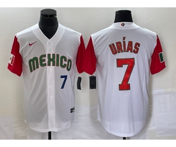 Men's Mexico Baseball #7 Julio Urias Number 2023 White Red World Classic Stitched Jersey 17