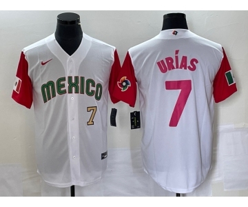 Men's Mexico Baseball #7 Julio Urias Number 2023 White Red World Classic Stitched Jersey 27