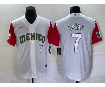 Men's Mexico Baseball #7 Julio Urias Number 2023 White Red World Classic Stitched Jersey 36