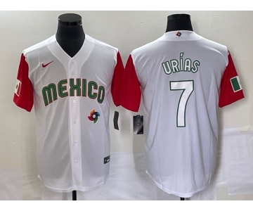 Men's Mexico Baseball #7 Julio Urias Number 2023 White Red World Classic Stitched Jersey 39