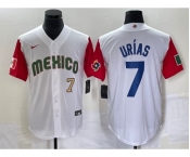 Men's Mexico Baseball #7 Julio Urias Number 2023 White Red World Classic Stitched Jersey2