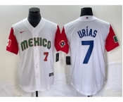 Men's Mexico Baseball #7 Julio Urias Number 2023 White Red World Classic Stitched Jersey3