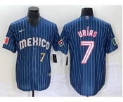 Men's Mexico Baseball #7 Julio Urias Number Navy Blue Pinstripe 2020 World Series Cool Base Nike Jersey 1