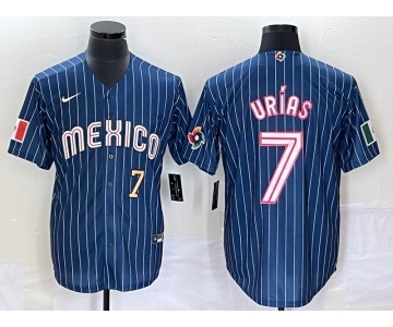 Men's Mexico Baseball #7 Julio Urias Number Navy Blue Pinstripe 2020 World Series Cool Base Nike Jersey 1