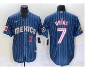 Men's Mexico Baseball #7 Julio Urias Number Navy Blue Pinstripe 2020 World Series Cool Base Nike Jersey3