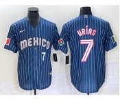 Men's Mexico Baseball #7 Julio Urias Number Navy Blue Pinstripe 2020 World Series Cool Base Nike Jersey4