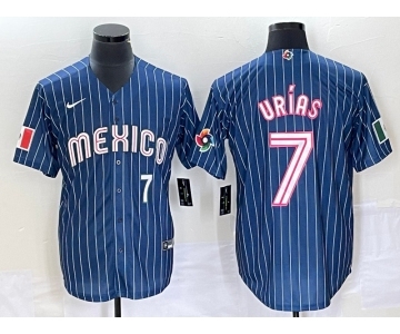 Men's Mexico Baseball #7 Julio Urias Number Navy Blue Pinstripe 2020 World Series Cool Base Nike Jersey4