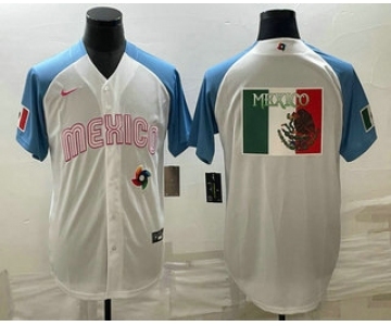 Men's Mexico Baseball Big Logo 2023 White Blue World Classic Stitched Jersey1