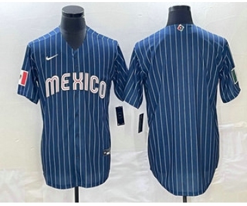 Men's Mexico Baseball Blank 2023 Navy Blue Pinstripe World Baseball Classic Stitched Jersey