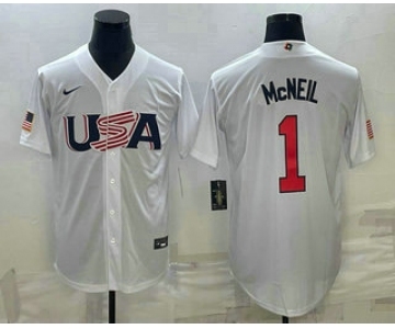 Men's USA Baseball #1 Jeff McNeil 2023 White World Classic Stitched Jersey