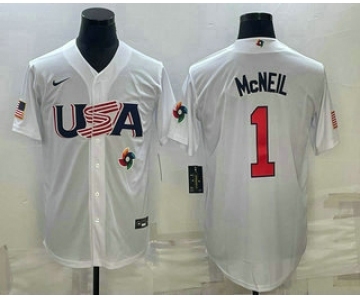 Men's USA Baseball #1 Jeff McNeil 2023 White World Classic Stitched Jerseys