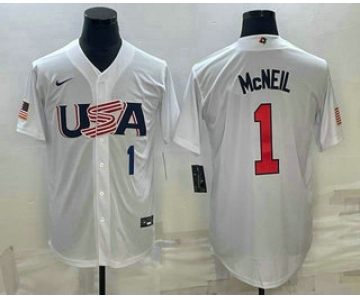 Men's USA Baseball #1 Jeff McNeil Number 2023 White World Classic Stitched Jerseys