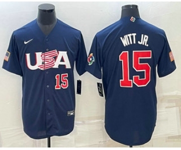 Men's USA Baseball #15 Bobby Witt Jr Number 2023 Navy World Baseball Classic Stitched Jerseys