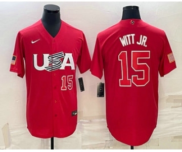 Men's USA Baseball #15 Bobby Witt Jr Number 2023 Red World Baseball Classic Stitched Jersey1