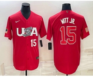 Men's USA Baseball #15 Bobby Witt Jr Number 2023 Red World Baseball Classic Stitched Jerseys