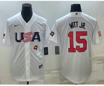 Men's USA Baseball #15 Bobby Witt Jr Number 2023 White World Baseball Classic Replica Stitched Jersey1