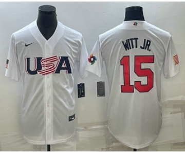 Men's USA Baseball #15 Bobby Witt Jr Number 2023 White World Baseball Classic Replica Stitched Jersey2