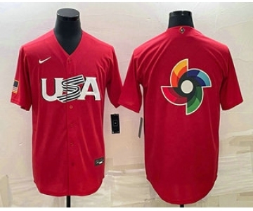 Men's USA Baseball 2023 Red World Big Logo With Patch Classic Stitched Jersey