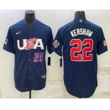 Mens USA Baseball #22 Clayton Kershaw Number 2023 Navy World Baseball Classic Stitched Jersey