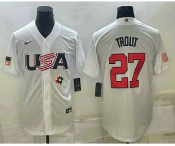 Men's USA Baseball #27 Mike Trout 2023 White World Baseball Classic Replica Stitched Jersey