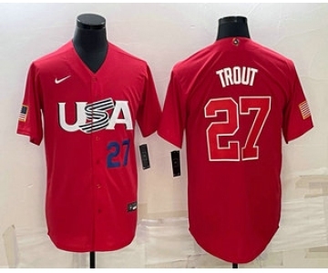 Men's USA Baseball #27 Mike Trout Number 2023 Red World Classic Stitched Jerseys