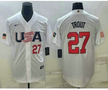 Mens USA Baseball #27 Mike Trout Number 2023 White World Baseball Classic Replica Stitched Jersey