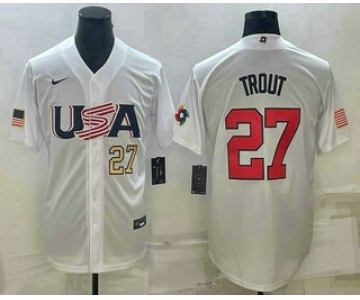 Men's USA Baseball #27 Mike Trout Number 2023 White World Baseball Classic Replica Stitched Jerseys