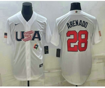 Men's USA Baseball #28 Nolan Arenado 2023 White World Baseball Classic Replica Stitched Jerseys