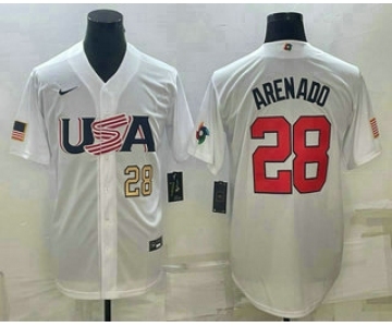 Men's USA Baseball #28 Nolan Arenado Number 2023 White World Baseball Classic Replica Stitched Jersey