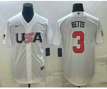 Men's USA Baseball #3 Mookie Betts 2023 White World Baseball Classic Replica Stitched Jersey