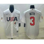 Men's USA Baseball #3 Mookie Betts 2023 White World Baseball Classic Replica Stitched Jerseys