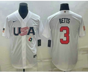 Men's USA Baseball #3 Mookie Betts 2023 White World Baseball Classic Replica Stitched Jerseys