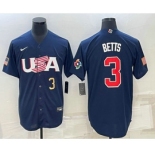 Mens USA Baseball #3 Mookie Betts Number 2023 Navy World Baseball Classic Stitched Jersey