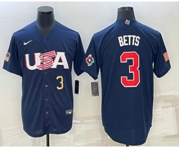 Mens USA Baseball #3 Mookie Betts Number 2023 Navy World Baseball Classic Stitched Jersey