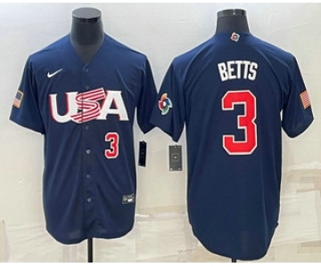 Men's USA Baseball #3 Mookie Betts Number 2023 Navy World Baseball Classic Stitched Jerseys