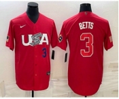 Men's USA Baseball #3 Mookie Betts Number 2023 Red World Classic Stitched Jersey1