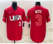 Men's USA Baseball #3 Mookie Betts Number 2023 Red World Classic Stitched Jerseys