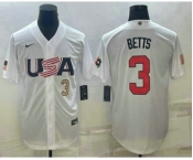 Men's USA Baseball #3 Mookie Betts Number 2023 White World Baseball Classic Replica Stitched Jersey