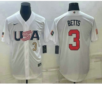 Men's USA Baseball #3 Mookie Betts Number 2023 White World Baseball Classic Replica Stitched Jersey