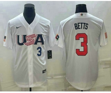 Men's USA Baseball #3 Mookie Betts Number 2023 White World Baseball Classic Replica Stitched Jerseys