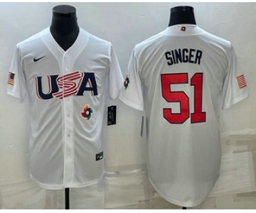 Men's USA Baseball #51 Brady Singer 2023 White World Baseball Classic Stitched Jersey