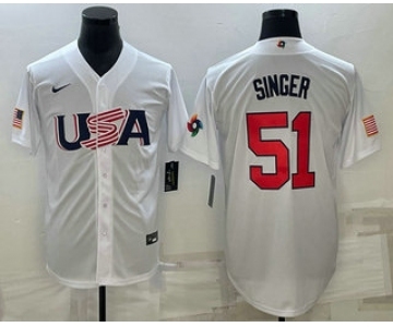 Men's USA Baseball #51 Brady Singer 2023 White World Baseball Classic Stitched Jerseys