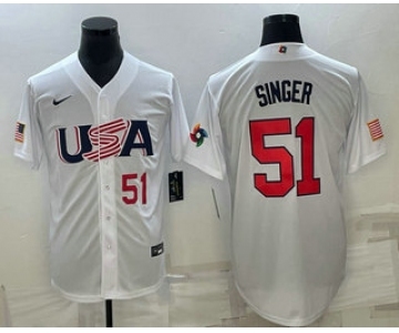 Men's USA Baseball #51 Brady Singer Number 2023 White World Baseball Classic Stitched Jersey