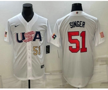 Men's USA Baseball #51 Brady Singer Number 2023 White World Baseball Classic Stitched Jerseys