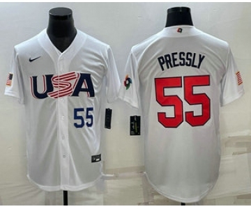 Mens USA Baseball #55 Ryan Pressly Number 2023 White World Baseball Classic Stitched Jersey