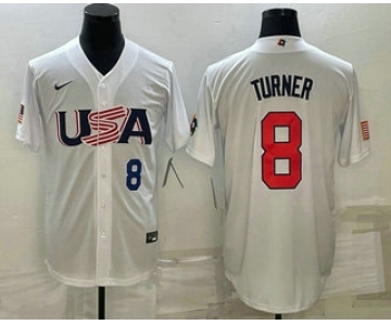 Men's USA Baseball #8 Trea Turner Number 2023 White World Baseball Classic Stitched Jersey