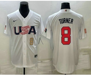 Men's USA Baseball #8 Trea Turner Number 2023 White World Baseball Classic Stitched Jerseys